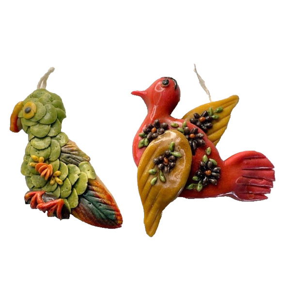 Vintage Handmade Folk Art Bird Ornaments Set of 2 Decor Hanging Parrot Red Bird - Picture 1 of 11